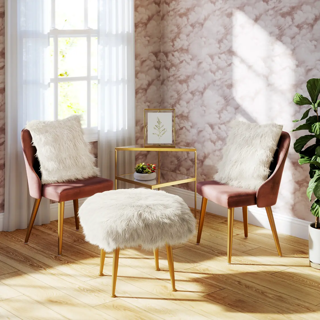 An elegant interior design featuring plush fur chairs, captured using product rendering service to showcase the luxurious setting and cozy ambiance.