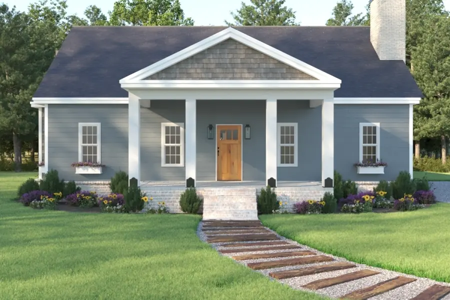 A modern house exterior designed with product rendering service, featuring sleek architecture, large windows, and a minimalist landscape.