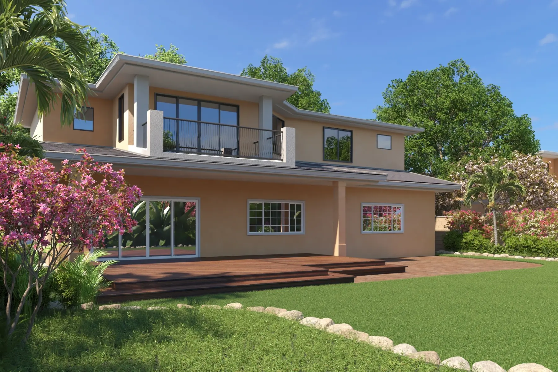 A modern villa exterior, visualized with product rendering service, showcasing sleek lines, expansive glass windows, and a luxurious entrance design.