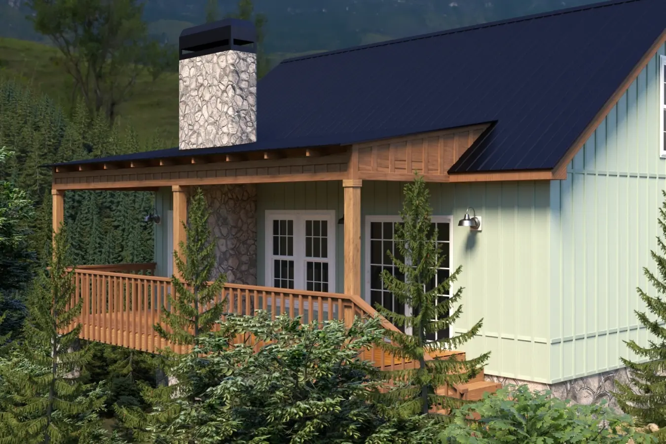 A scenic exterior render of a mountain cabin using a product rendering service, emphasizing the intricate wooden textures and realistic lighting.