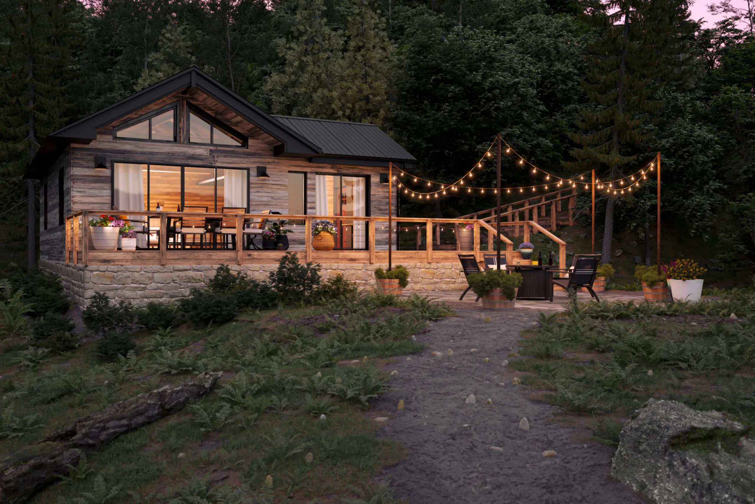 An inviting and cozy mountain cabin exterior visualized through a product rendering service, showcasing natural surroundings and warm wood tones.