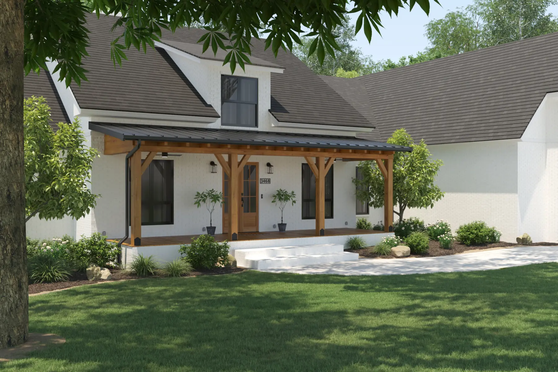 A rustic-style house exterior created using product rendering service, featuring stone elements, wooden accents, and natural surroundings for a traditional look.