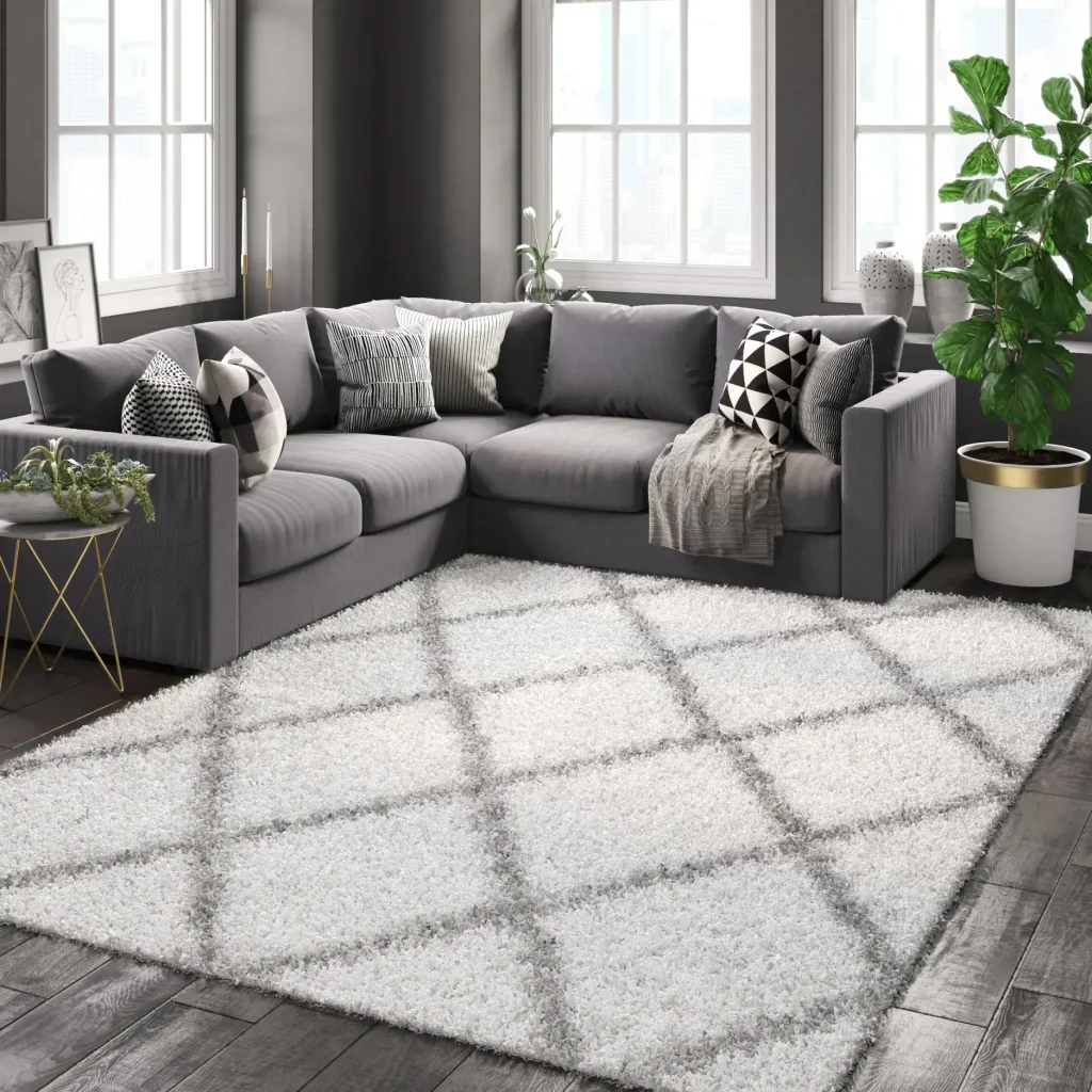 Diamond pattern rug displayed in a luxury home interior through 3D rendering.