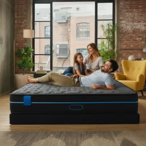Talent shot of a family relaxing on a mattress, focusing on comfort.