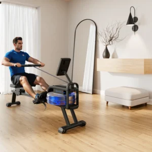 Talent shot of a man using a rowing machine in a home gym setup.