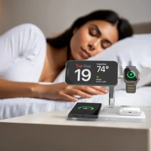 Talent shot of a wireless charger on a nightstand, highlighting tech innovation.