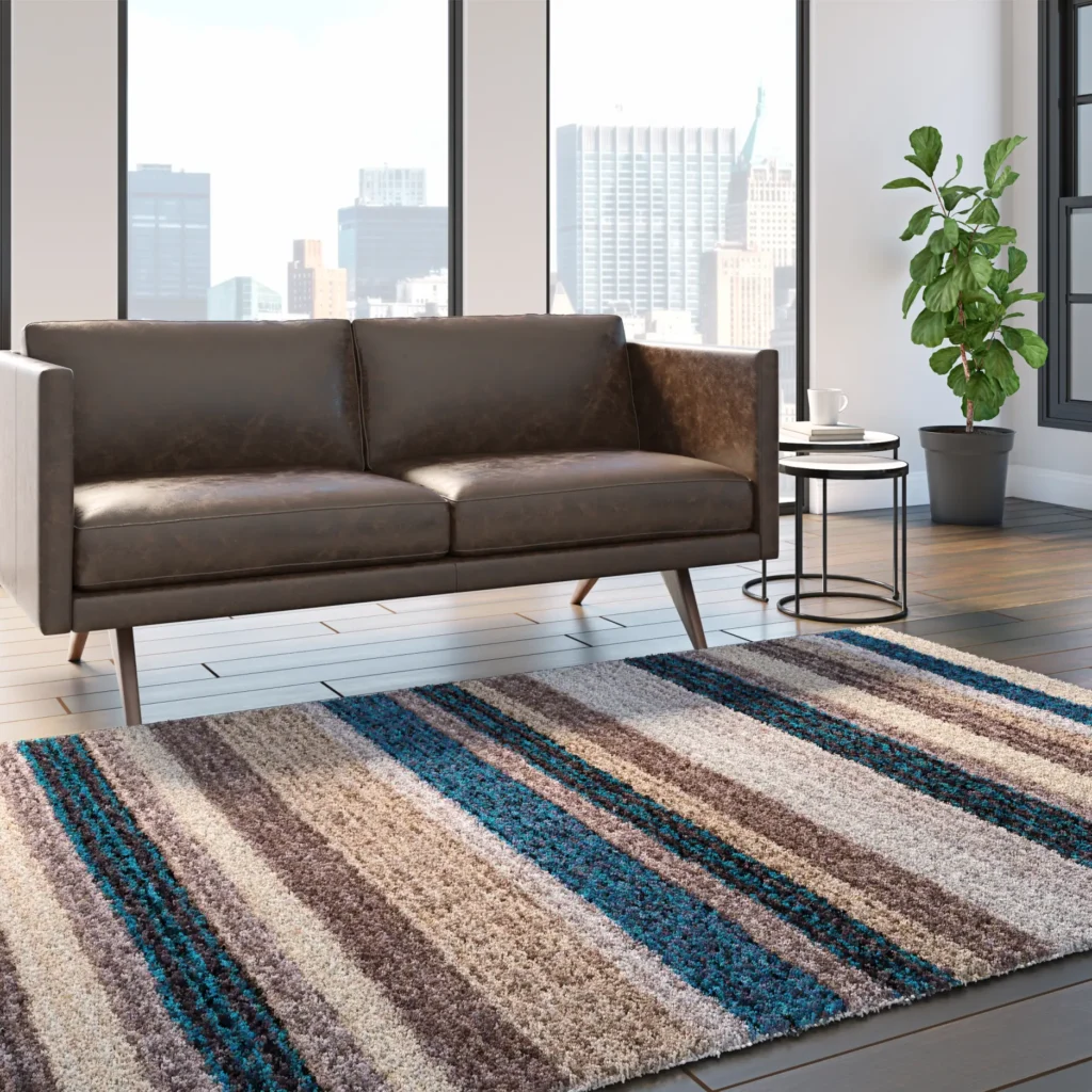 Textured rug showcased in a modern interior with 3D rendering for design inspiration.