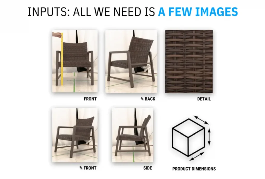 Example of product inputs such as dimensions and angles for 360 product photography.