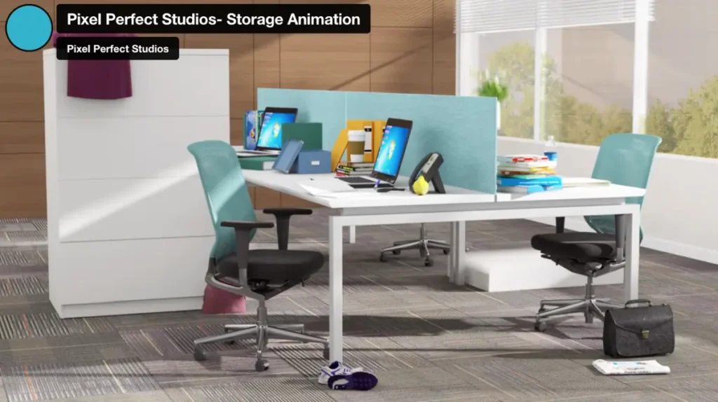 Office setup visualized using 3D product animation services for furniture.