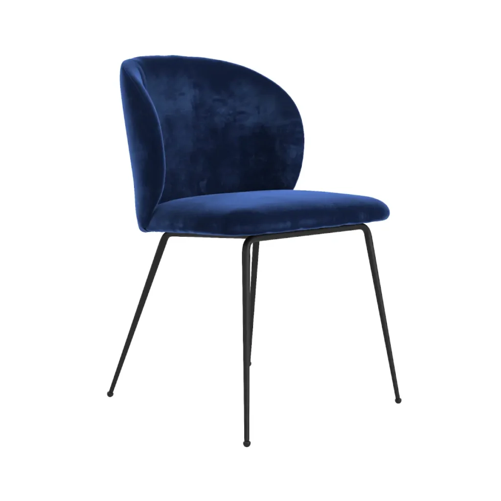 Blue velvet chair with modern and sleek design.