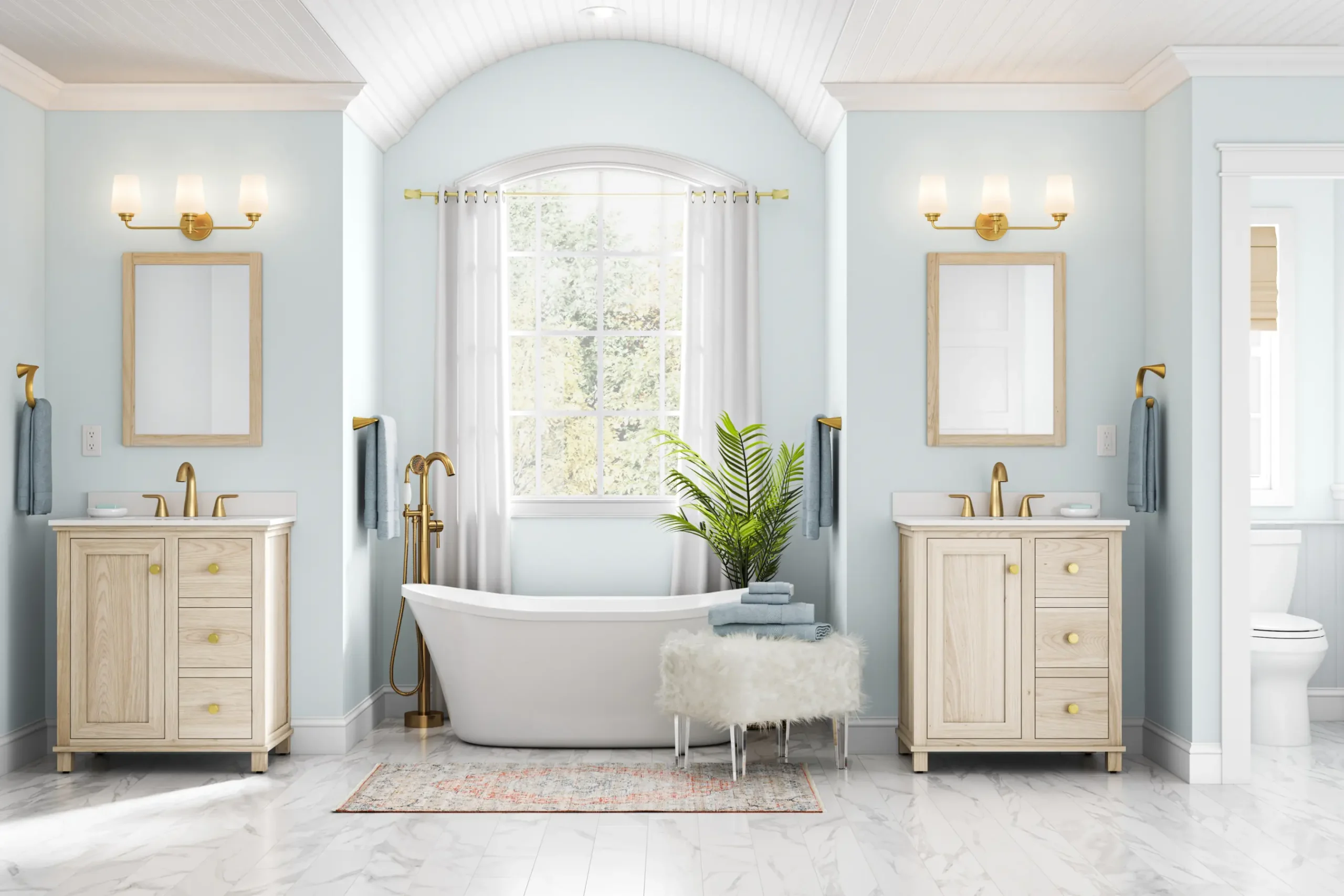 A large modern bathroom in a 3D rendering.