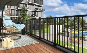 3D architectural rendering of an apartment balcony with a view of a garden and pool for architectural rendering services.
