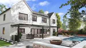 3D architectural rendering of a luxury villa with outdoor dining for architectural rendering services.