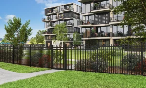 3D architectural rendering of an apartment complex with gardens for architectural rendering services.
