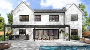 3D architectural rendering of a modern house with outdoor patio for architectural rendering services.