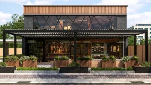 3D architectural rendering of a modern restaurant front with outdoor seating for architectural rendering services.