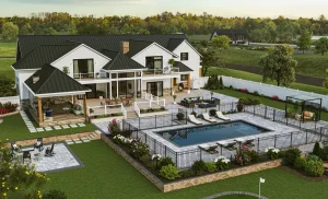 3D architectural rendering of a modern villa with a pool for architectural visualization services.