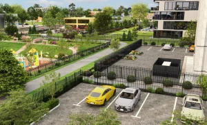 3D architectural rendering of a parking lot and playground with lush greenery for architectural visualization services.