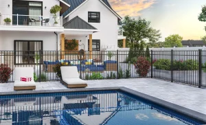 3D architectural rendering of a villa with poolside seating for architectural rendering services.