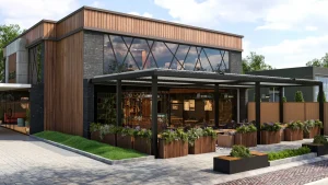 3D architectural rendering of a restaurant with modern design and outdoor seating for architectural rendering services.