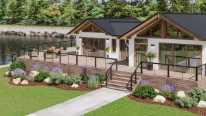 3D exterior rendering of a lake house with deck for real estate.