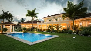 3D exterior rendering of a luxury home with a swimming pool for real estate.