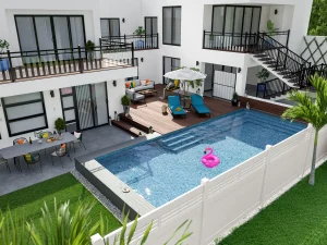 3D exterior rendering of a modern apartment pool for real estate marketing.