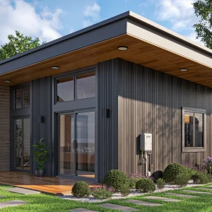 3D exterior rendering of a modern home backyard for real estate.