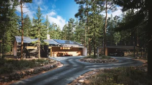 3D exterior rendering of a modern house surrounded by forest.