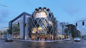 3D exterior rendering of a shopping center with modern architecture.