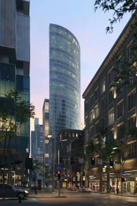 3D exterior rendering of a tall building in an urban environment.