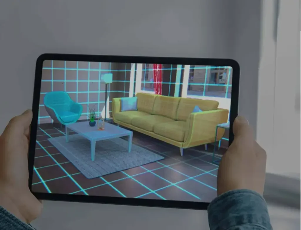 An augmented reality setup showcasing furniture with 3D product photography for a high-tech shopping experience.