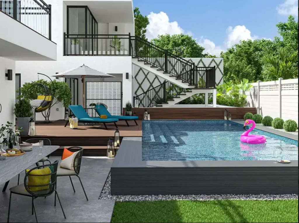 An outdoor pool area captured using 3D product photography, showcasing modern decor and furniture.