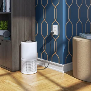 3D product rendering of an air purifier in a modern living room for the consumer electronics industry.