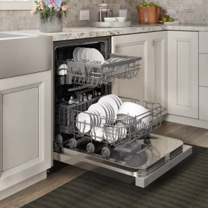 3D product rendering of a loaded dishwasher showcasing interior storage space for kitchen appliances industry.