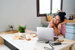 3D product rendering of a home office setup with modern laptop and clean workspace for the consumer electronics industry.