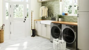 3D product rendering of a washer and dryer in a modern laundry room for home appliances industry.