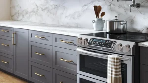 3D product rendering of a modern electric stove in a stylish kitchen for appliances industry.