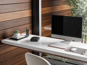 3D product rendering of an office desktop setup in a professional workspace for the consumer electronics industry.