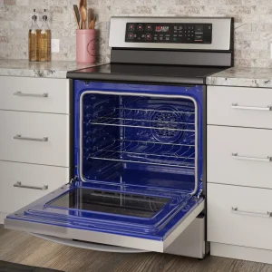 3D product rendering of an open electric oven with a visible interior for appliances industry.