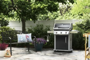 3D product rendering of an outdoor grill and garden bench for outdoor appliances.