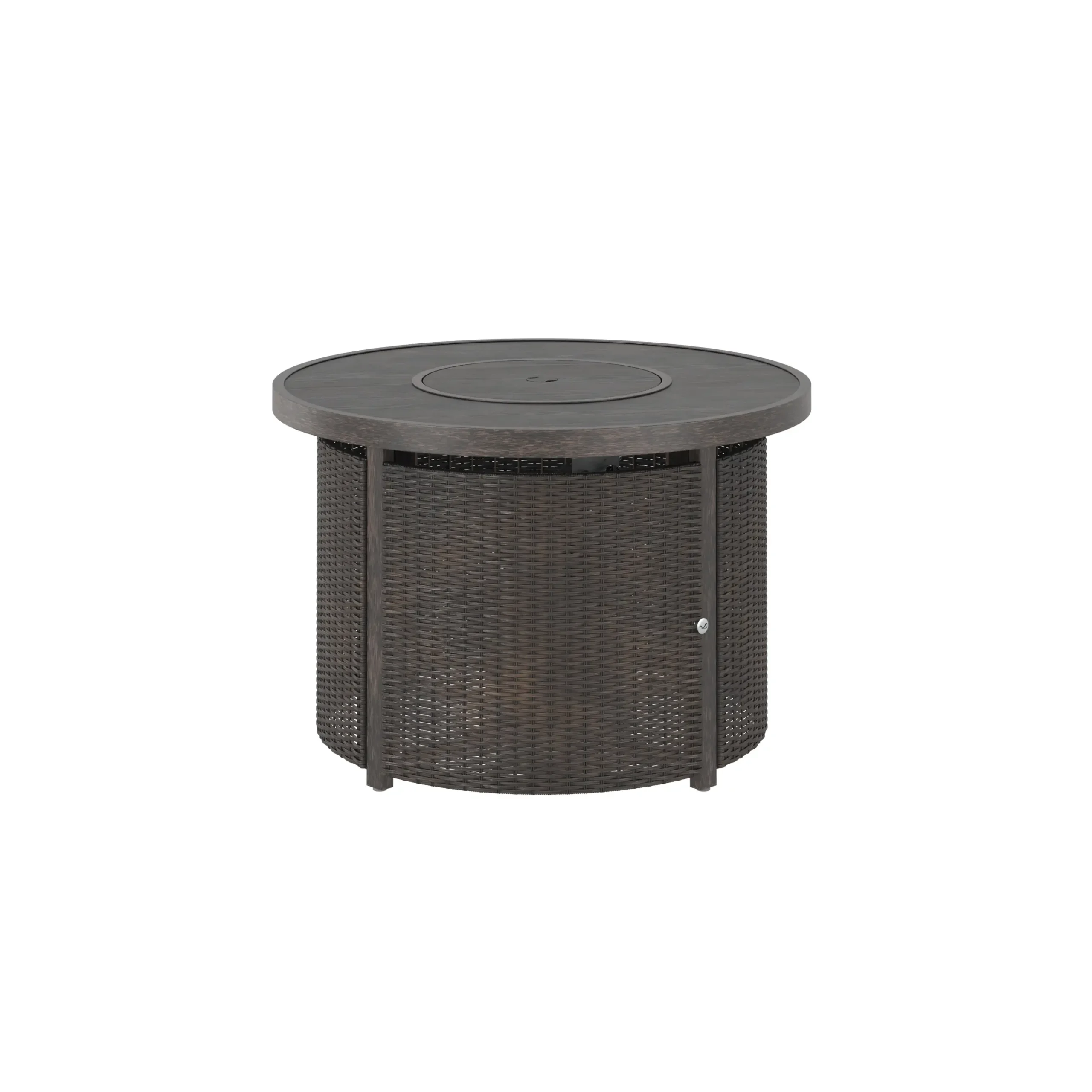 3D product rendering of an outdoor round fire table.