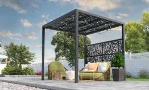 3D product rendering of outdoor furniture with a modern pergola.