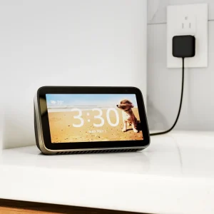 3D product rendering of a smart display with touchscreen in a kitchen setting for the consumer electronics industry.