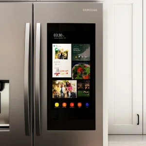 3D product rendering of a smart fridge with a touchscreen display for appliances industry.