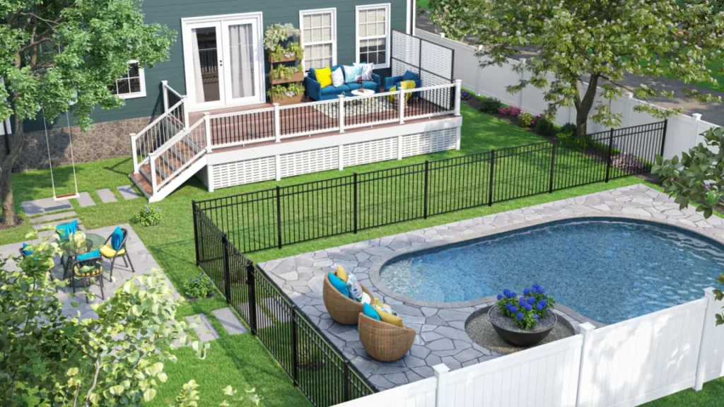 3D product rendering software creating a vibrant backyard scene for architectural design.