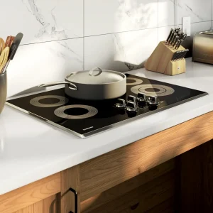 3D product rendering of a stovetop in a contemporary kitchen for kitchen appliances industry.