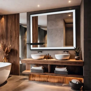 A modern double vanity bathroom rendered in 3D