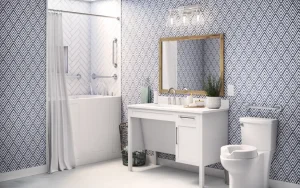 Tiled bathroom rendered in 3D with accessible features