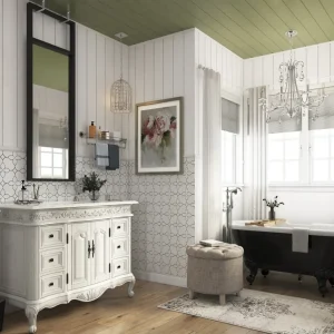 A vintage chic bathroom with freestanding tub in 3D